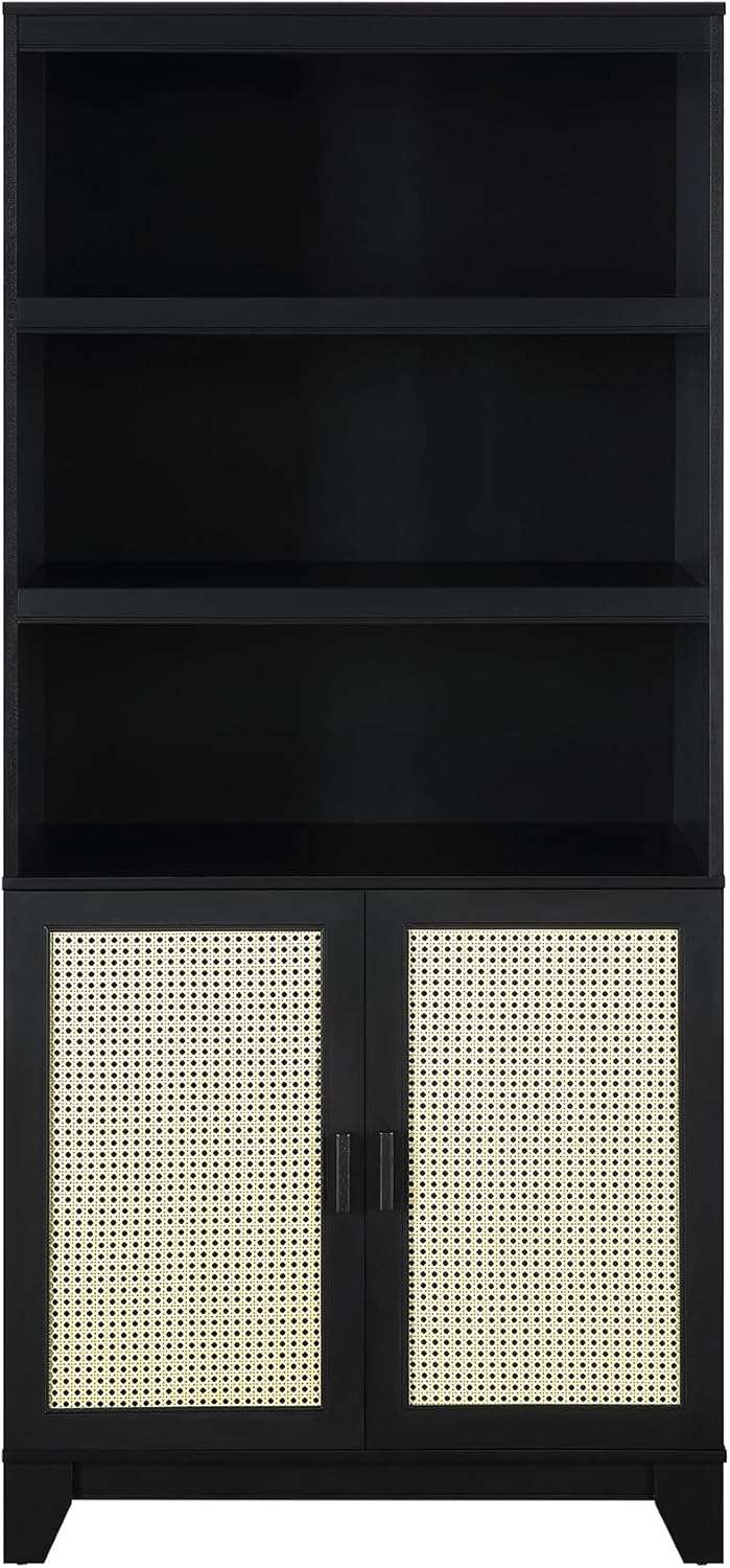 Manhattan Comfort Sheridan Modern Cane Bookcase with Adjustable Open Shelves, Soft Close Doors, and Concealed Compartments, Versatile 3 Tier Bookshelf Storage for Home and Office, Set of 1, Black