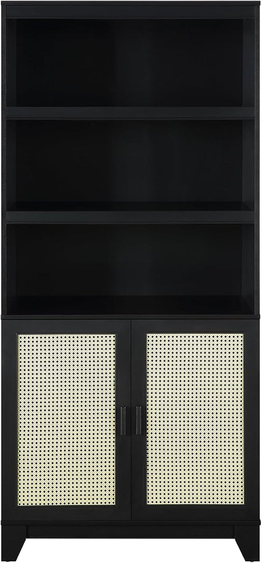 Manhattan Comfort Sheridan Modern Cane Bookcase with Adjustable Open Shelves, Soft Close Doors, and Concealed Compartments, Versatile 3 Tier Bookshelf Storage for Home and Office, Set of 1, Black
