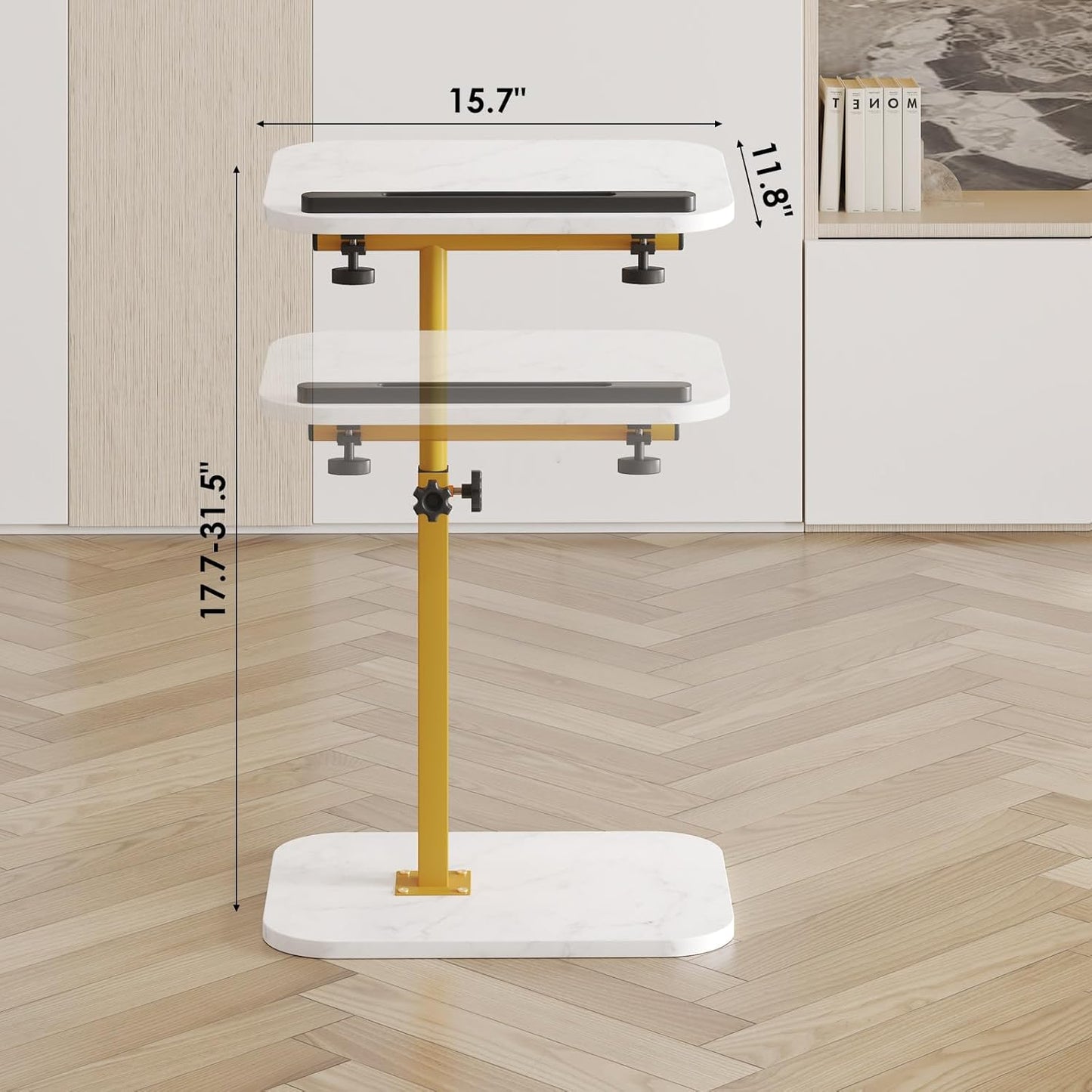 Sofa Couch Arm Table Tv Tray Small Bed Stand C Shaped Side End Tables for Living Room, Bedroom, Marble