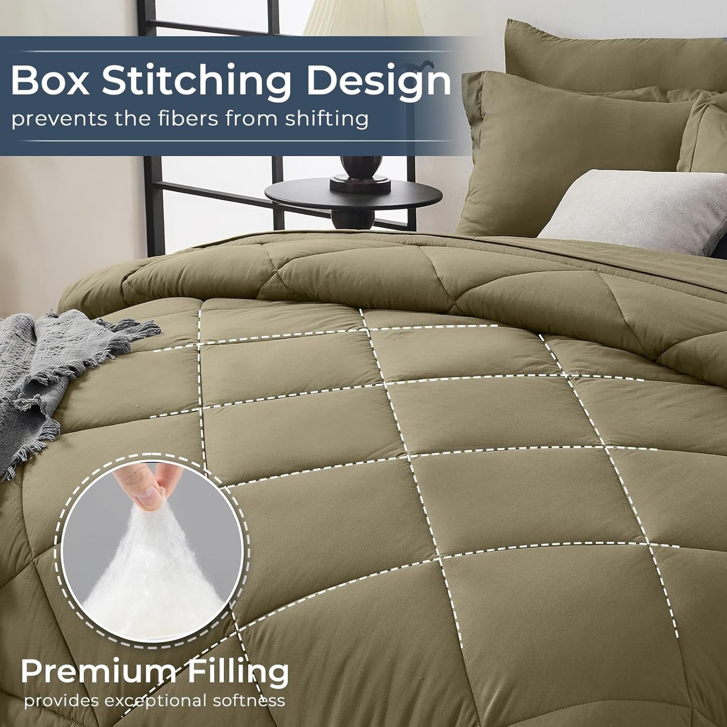 HEVUMYI Olive Green Full Comforter Set - 7-Piece All Season Bed in a Bag Full, Ultra Soft Bedding Set with Comforter, Flat Sheet, Fitted Sheet, Pillowcases, Pillow Shams, Olive Green