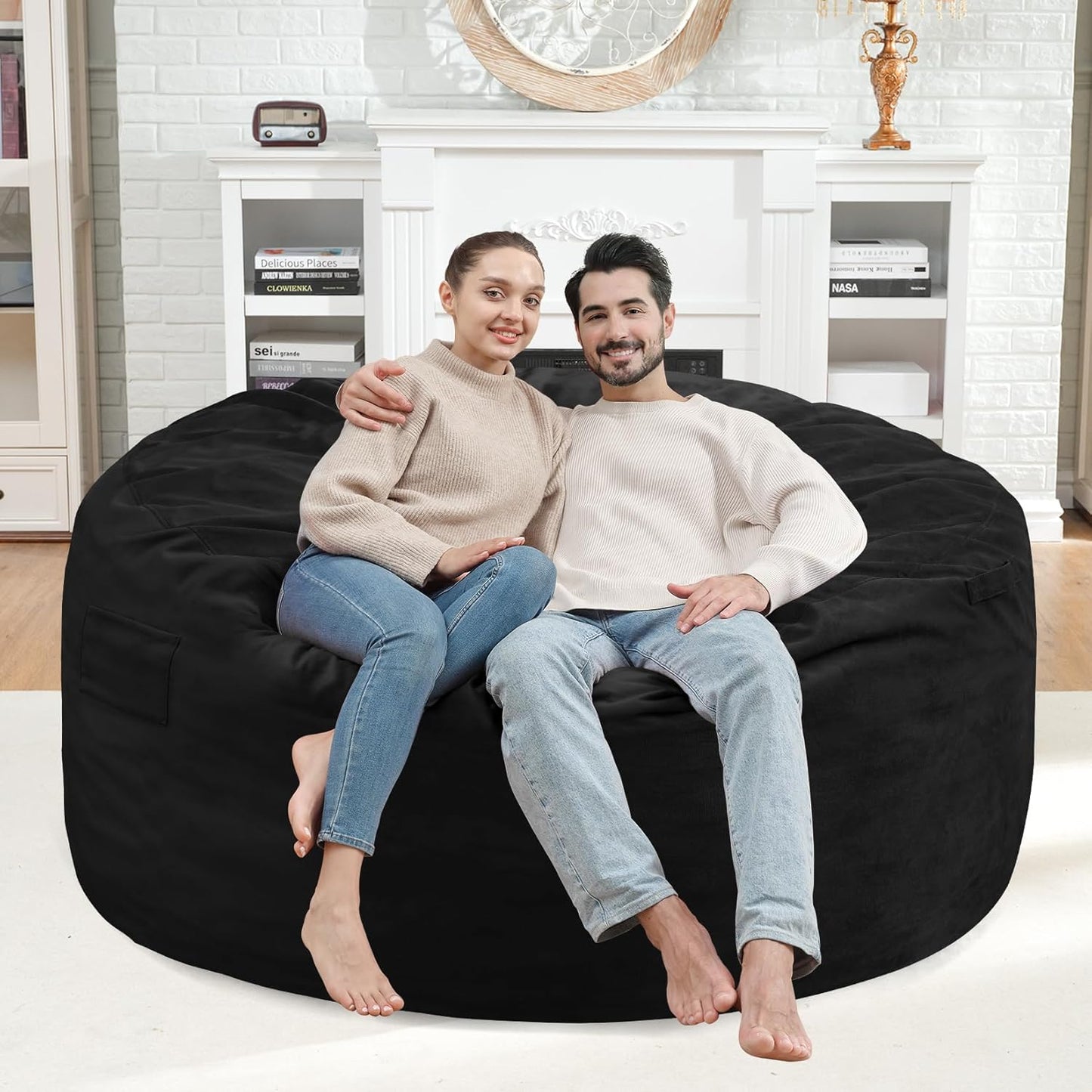 4FT Bean Bag Chair, Large Bean Bag Chairs with Memory Foam Filled, Fluffy Beanbag Sofa with Dutch Velvet Cover, Round BeanBag Chairs for Living Room, Playroom - Black