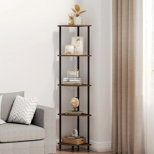 5 Tier Corner Shelf, Bookcase for Small Spaces, Corner Display Shelf, Plant Stand, Rustic Brown and Black,Suitable for Bedroom,Living Room,Kitchen