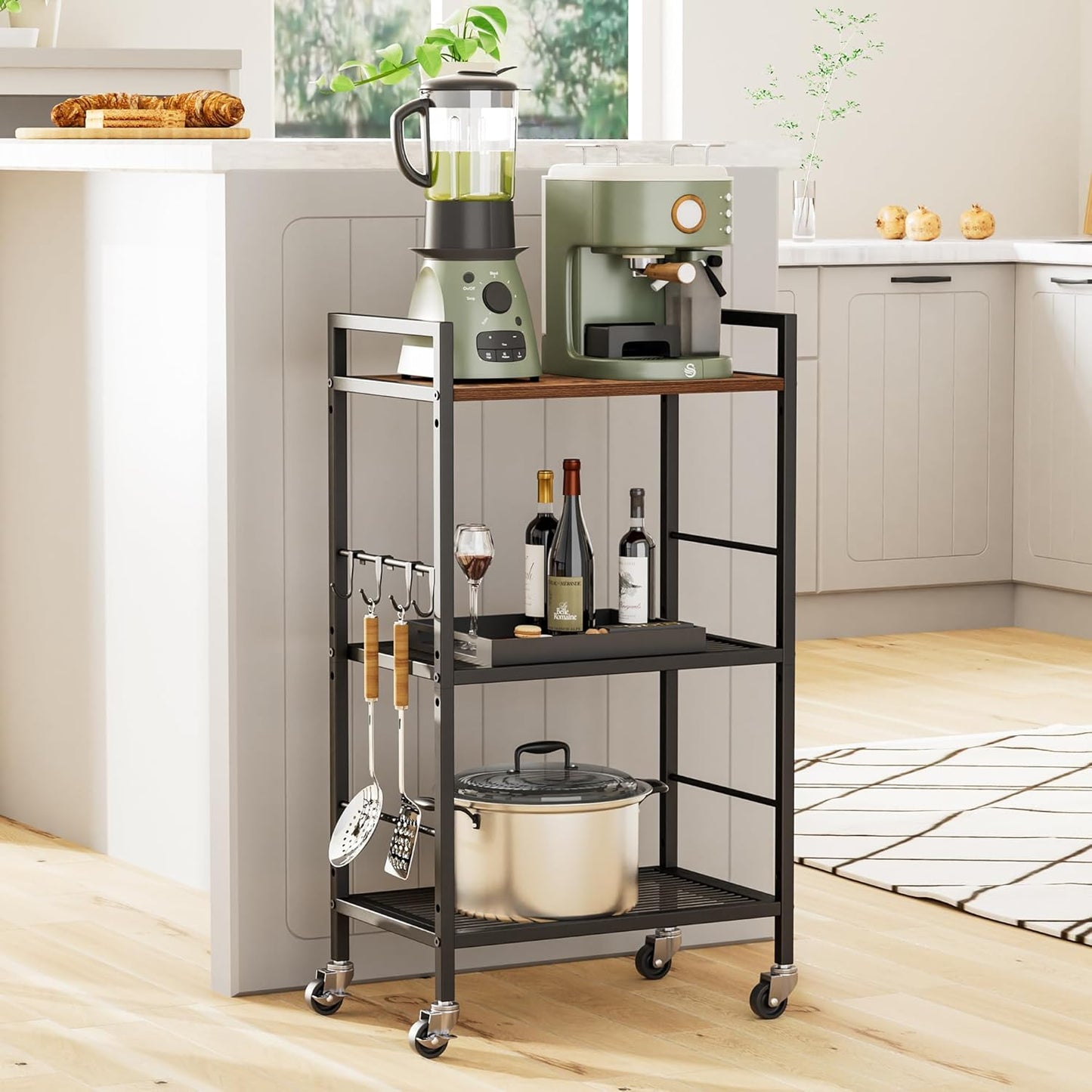 3-Tier Metal Storage Rack with Industrial Wheels,Mesh Shelving Unit with Wooden Table top,Adjustable Shelf,16.9-Inch Width,for Kitchen,Laundry,Pantry,Plant,Black