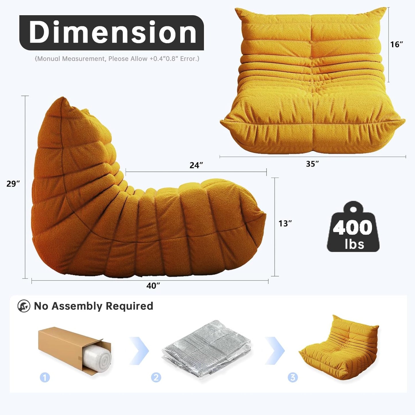 Bean Bag Chairs for Adults, BeanBag Reading Chair Memory Foam Couch, Floor Chair Soft Teddy Material, Comfy Reading Nook Chairs for Bedroom Living Room Office (Yellow)