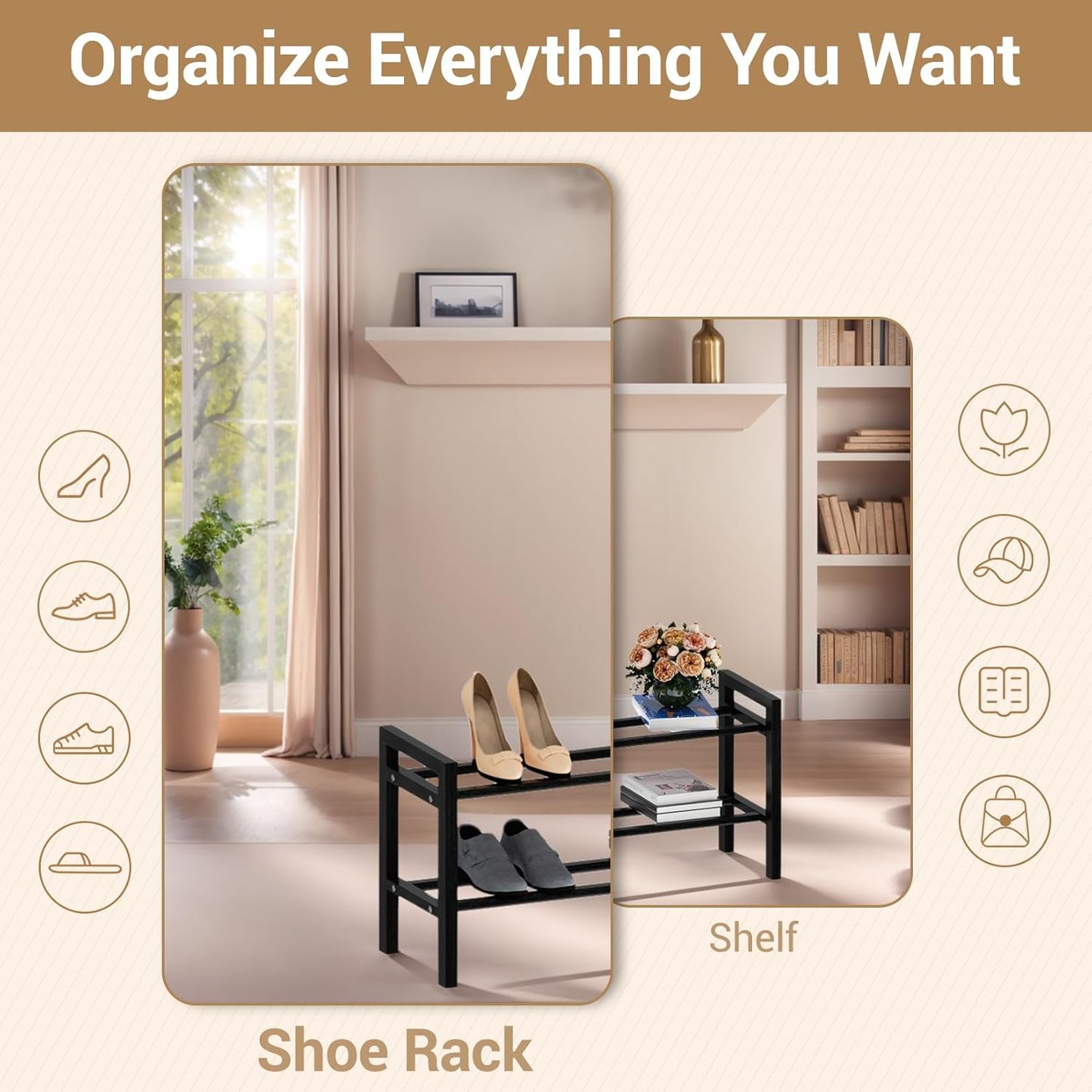 Haddockway Bamboo Shoe Rack for Closet, Free Standing Shoe Organizer with Smooth Round Rods & Convenient Handles, Stackable Shoe Storage Shelf for Entryway, Hallway(Black, 2-Tier(Small))