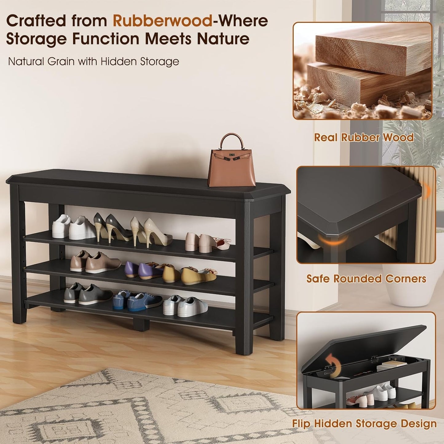 Shoe Rack Bench Seat Rubberwood 3-Tier Wooden Storage Bench 550lbs Compact Mid-Century Modern Design for Entryway, Hallway, Closet, Front Door Entrance, Foyer