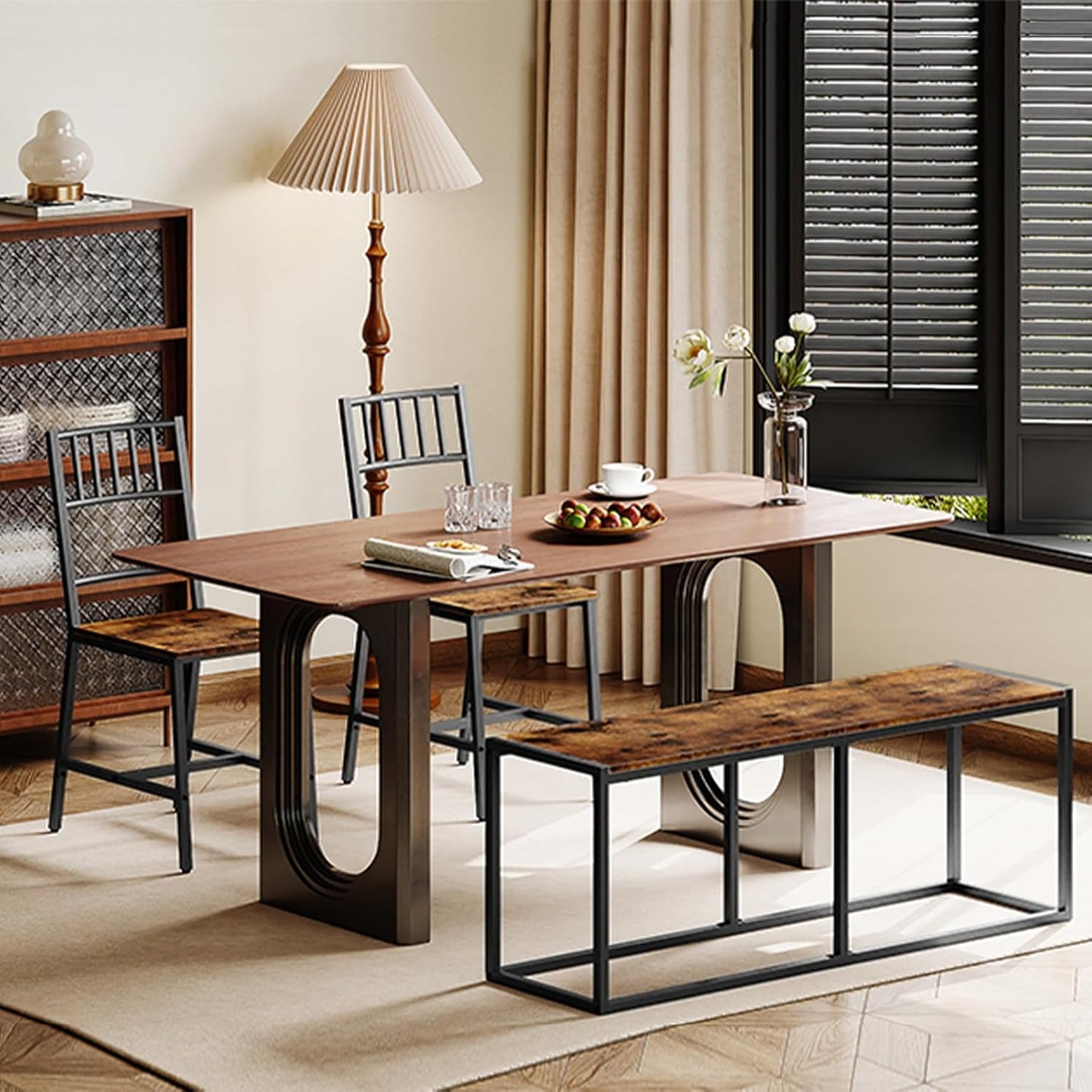 HOOBRO Dining Bench, 47.2 Inch Dining Table Bench, Industrial Style Kitchen Bench, Steel Frame, Easy to Assemble, for Kitchen, Dining Room, Rustic Brown and Black BF12CD01