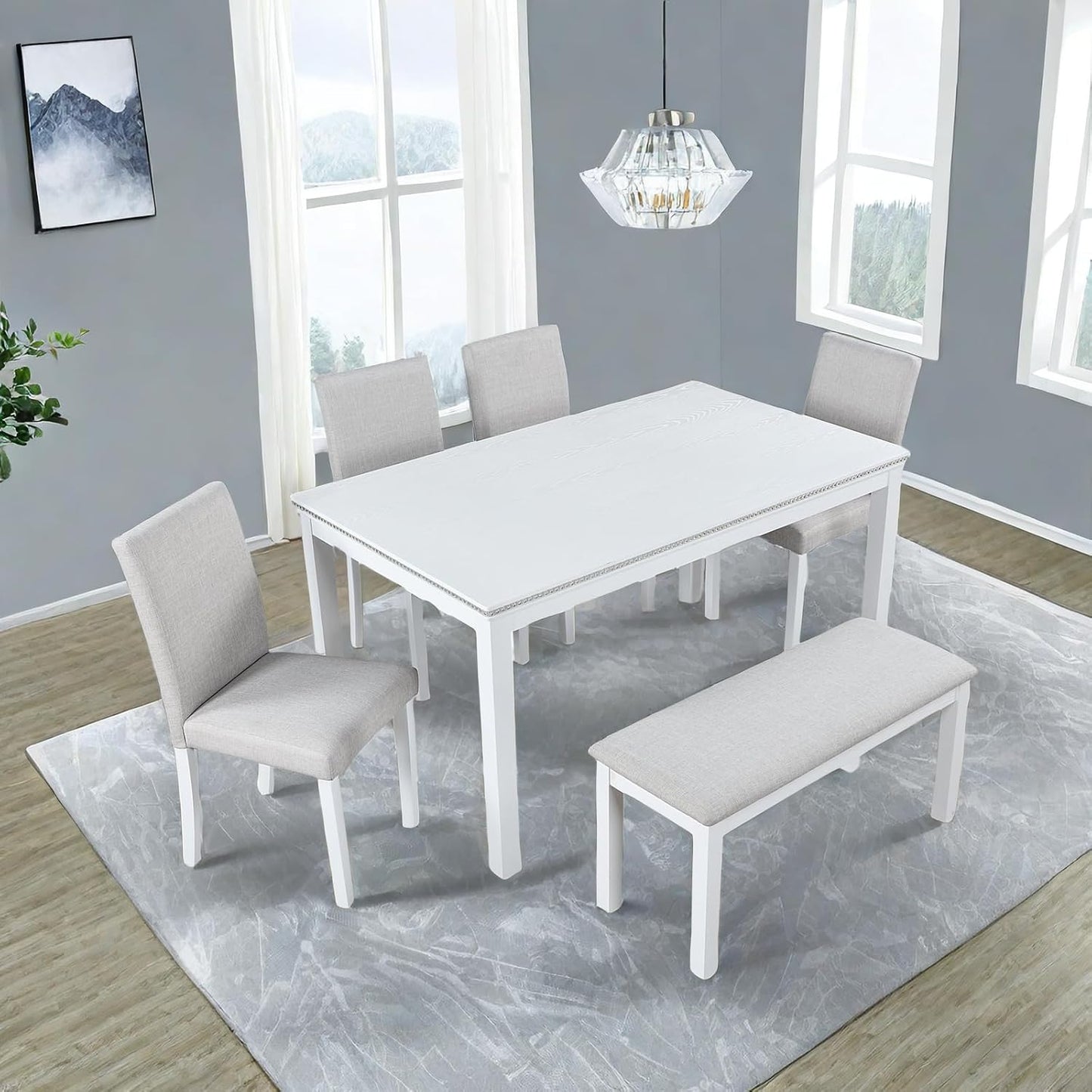 Dining Table Set, 6 Piece Counter Height Dinner Set with Rectangular Table, 4 Upholstered Chairs and Bench, Wooden Linen Dining Table and Chairs Set with Crystal Decoration, Beige