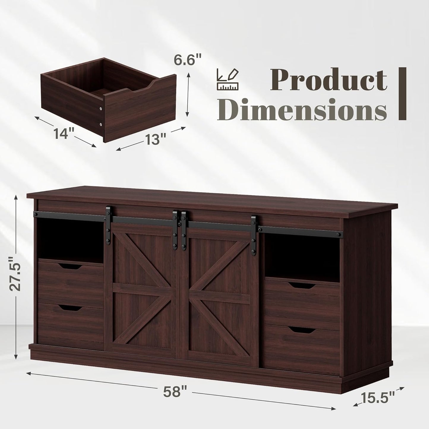 YESHOMY TV Stand for Televisions up to 65 Inchs, with Sliding Barn Doors and 4 Storage Drawers, Console Table and Media Furniture for Living Room, 58 Inch, Espresso