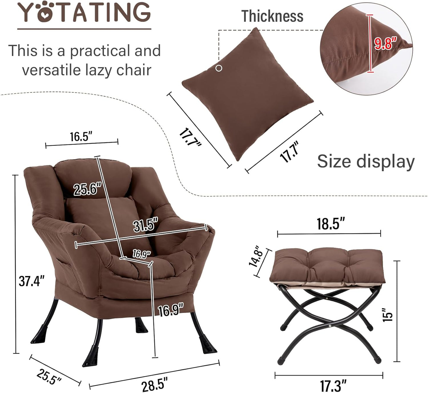 Lazy Chair with Ottoman, Comfy Reading Chair with Footstool & Pillow Modern Lounge Chair with Armrests & Side Pocket for Living Room, Bedroom, Dorm Room，Dark Brown