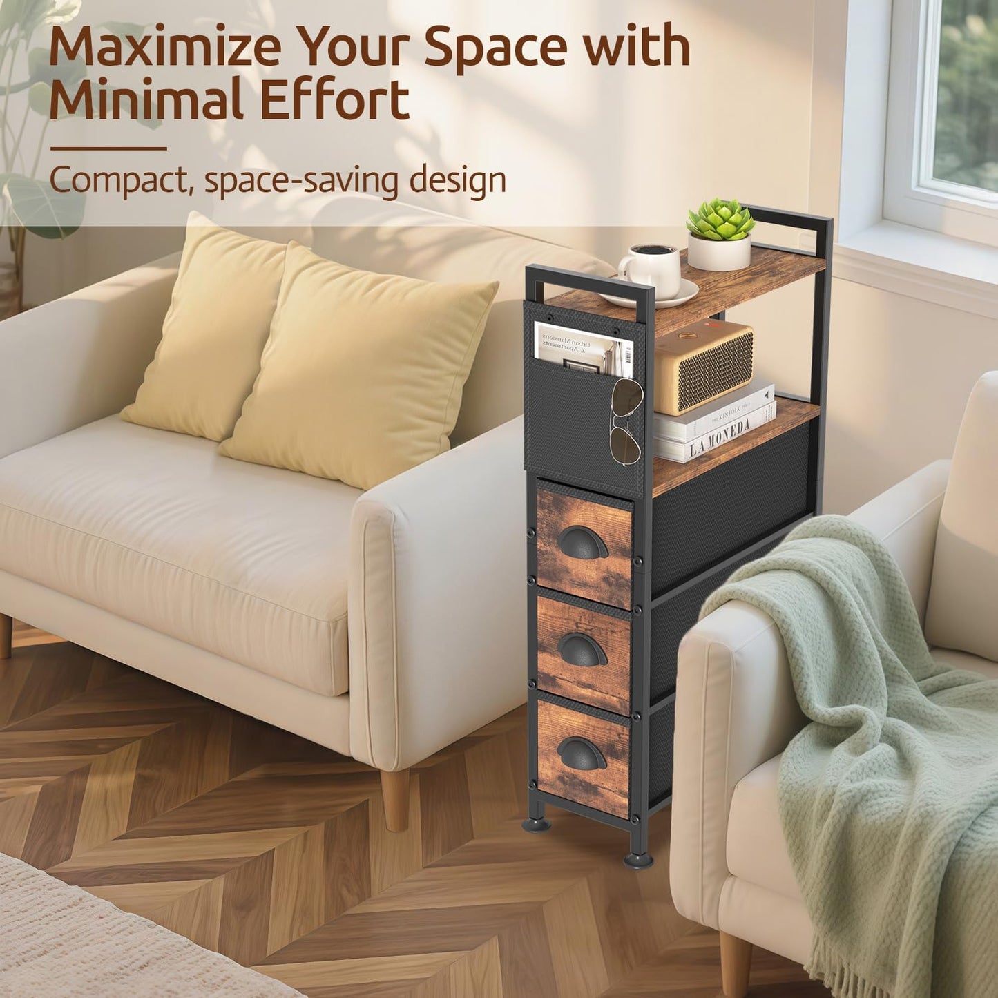 3 Drawer Narrow Dresser Side End Table Small Spaces, Slim Nightstand Bedside Sofa Table with Wheels, Space Saving Skinny Thin Couch Desk with Storage Bag for Bedroom Living Room Bathroom,Black