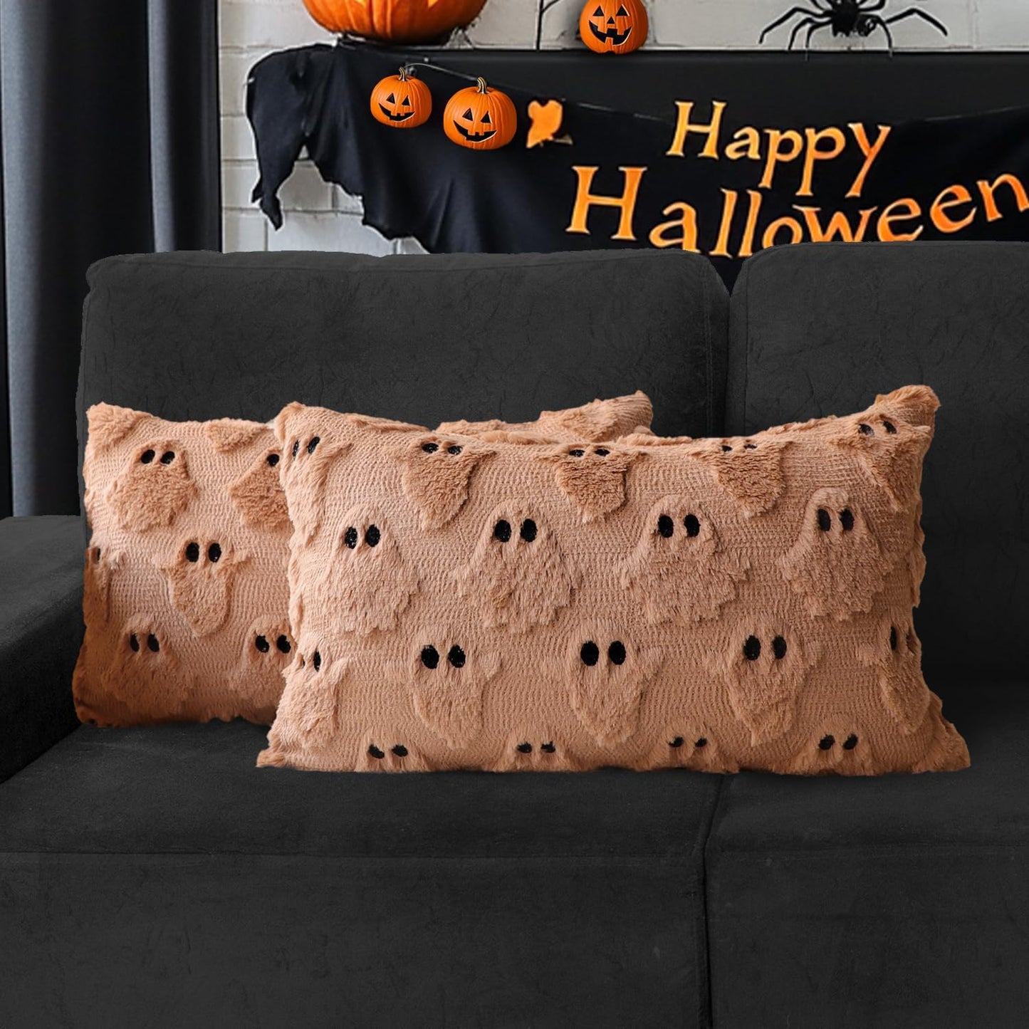4TH Emotion Halloween Ghost Decorative Lumbar Pillow Covers 12x20 Set of 2, Light Brown Soft Plush Faux Fur Farmhouse Throw Cushion Cases for Fall Autumn Holiday Home Decorations