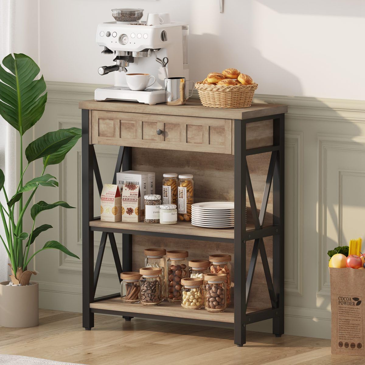 FATORRI Rustic Bookshelf with Drawer, Industrial Wood and Metal Bookcase, Small Short Book Shelf and Low Book case for Small Space (Rustic Oak)