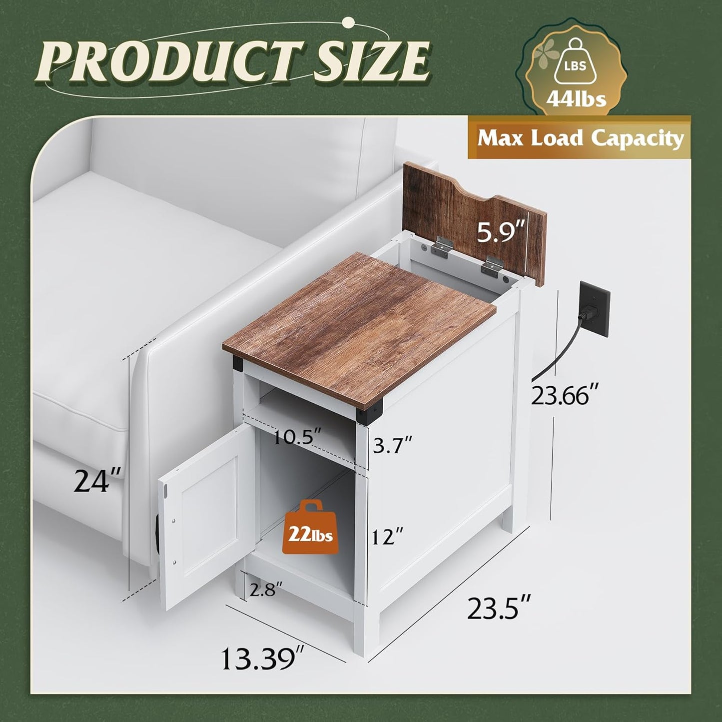 WLIVE White Farmhouse End Table for Living Room, Narrow Side Table with Charging Station, Night Stand with Storage, Small Wooden Cabinet with USB Ports and Outlets for Bedroom, White