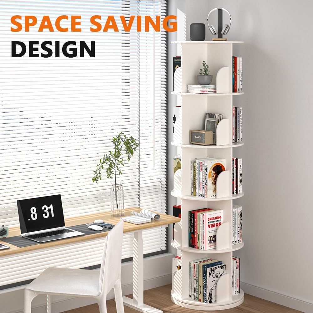 Nidouillet Rotating Bookshelf Tower, 5 Tier Spinning Bookcase Lazy Susan, Revolving 360 Book Shelf Storage Round Organizer, Vertical Rotate Turning Corner Book Case for Small Space, White