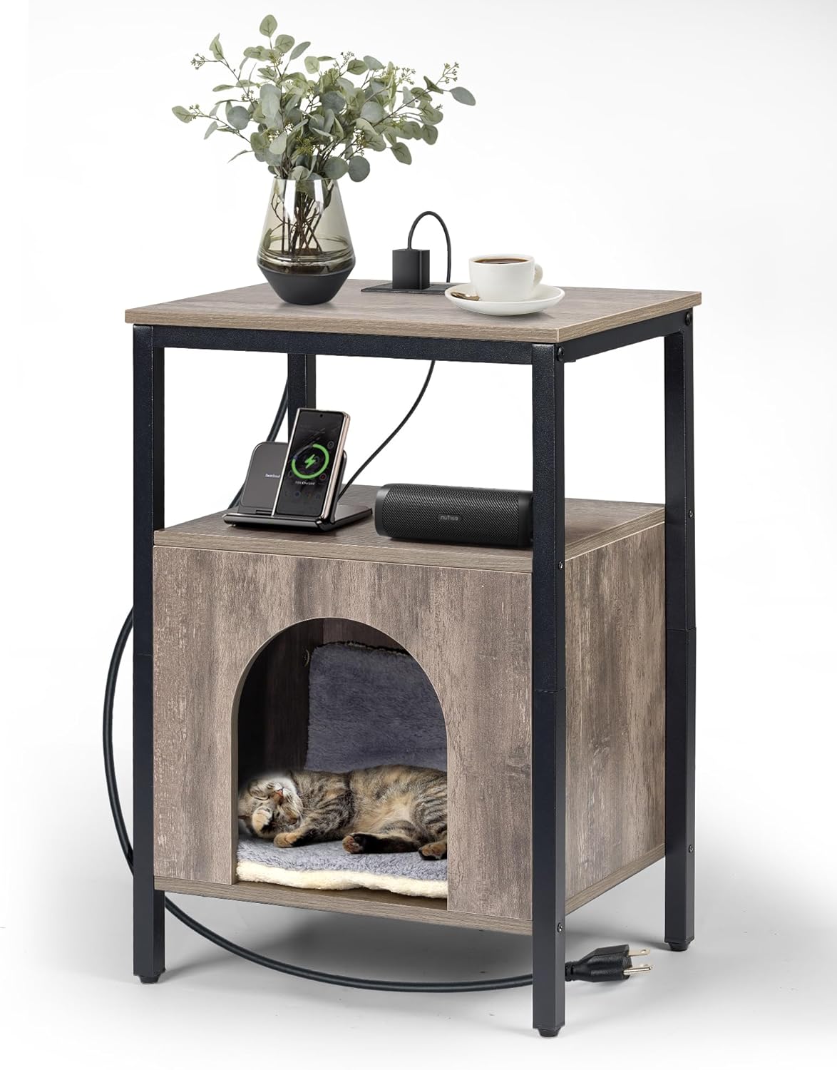 Cat End Table with Charging Station, Indoor Cat House Side Table with Bed, Cat Cave Hideaway Night Stand, Greige