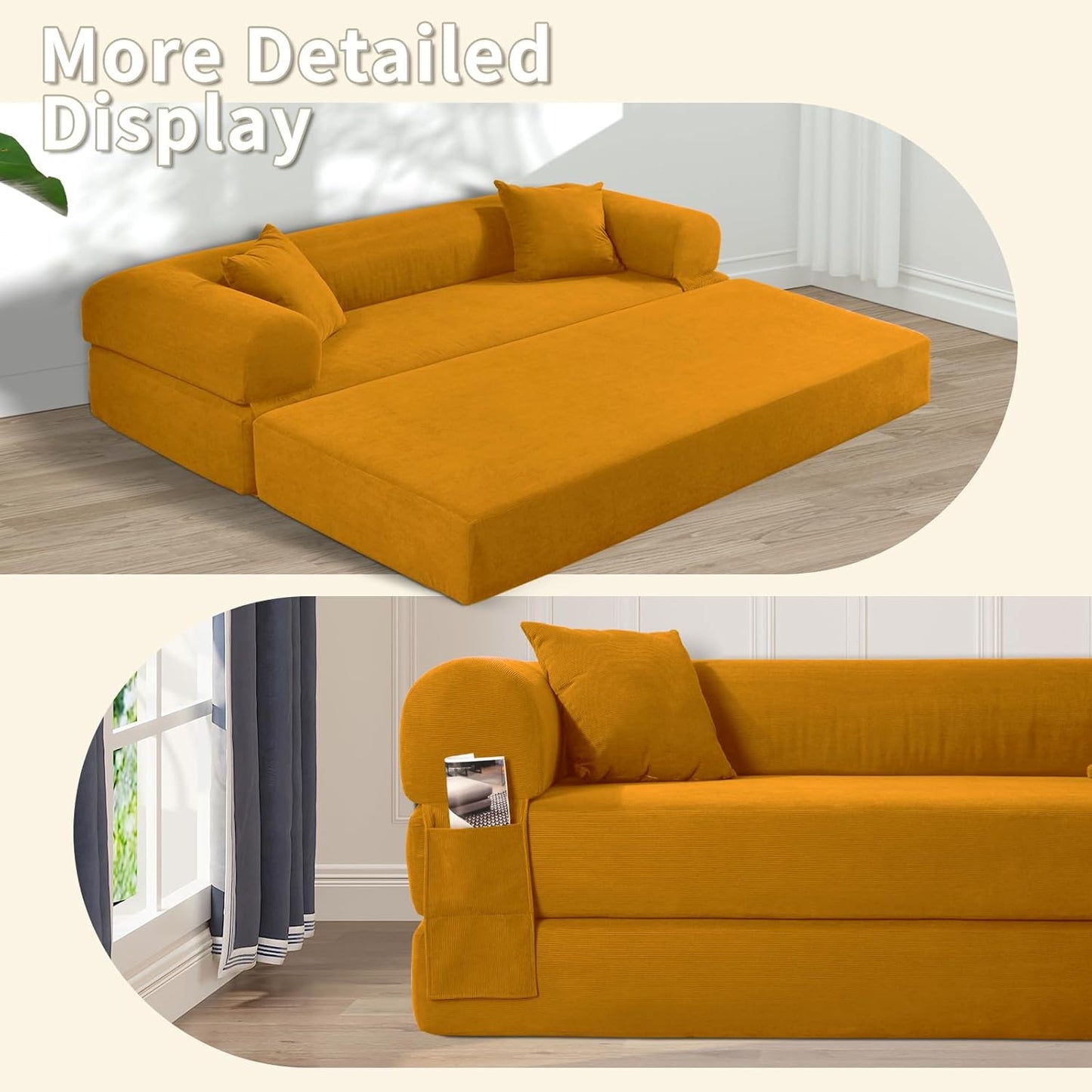 80" Convertible Sofa Bed, 3-in-1 Corduroy Folding Pull Out Couch with Pillows, No Assembly Modern Boneless Couch Compression Sofa in Box, Floor Sofa with Side Storage Pocket for Living Room, Yellow