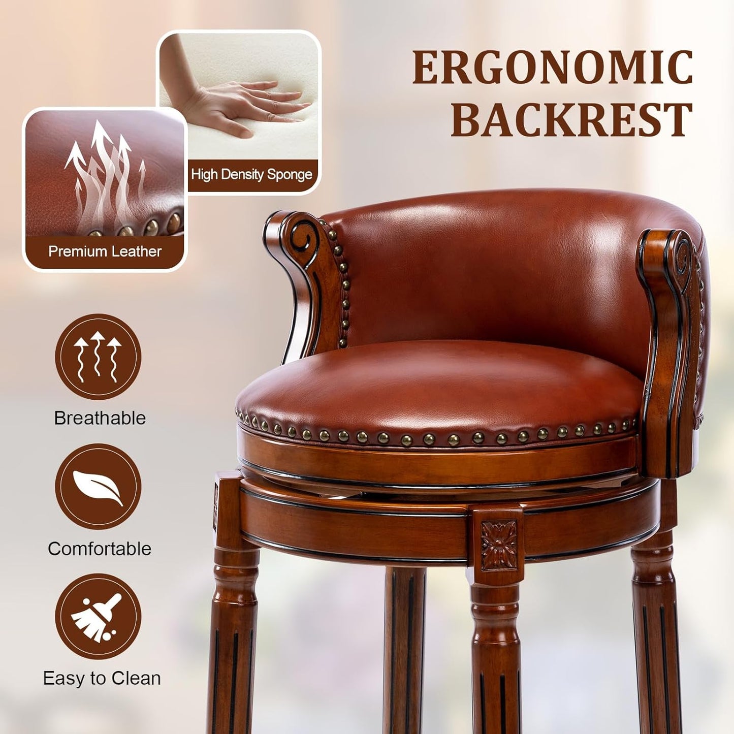 CozyRain Bar Stools Rubber Wood Counter Height Bar Stool Leather Upholstered Swivel Barstools with Back & Footrest for Home,Kitchen,Counter,Dining Room (Brown, Seat Height 26 in)