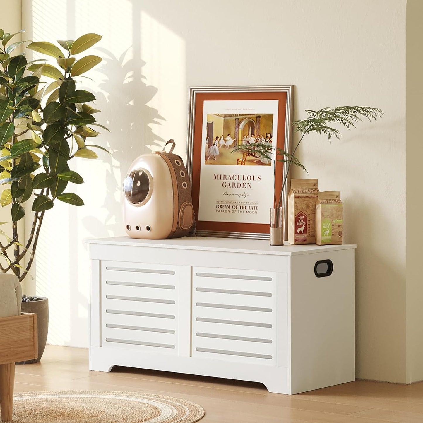 DINZI LVJ Storage Chest, Flip-Top Wooden Toy Box with 2 Safety Hinges, Retro Entryway Shoe Storage Bench, Sturdy Large Storage Trunk for Living Room, Bedroom, Easy Assembly, White