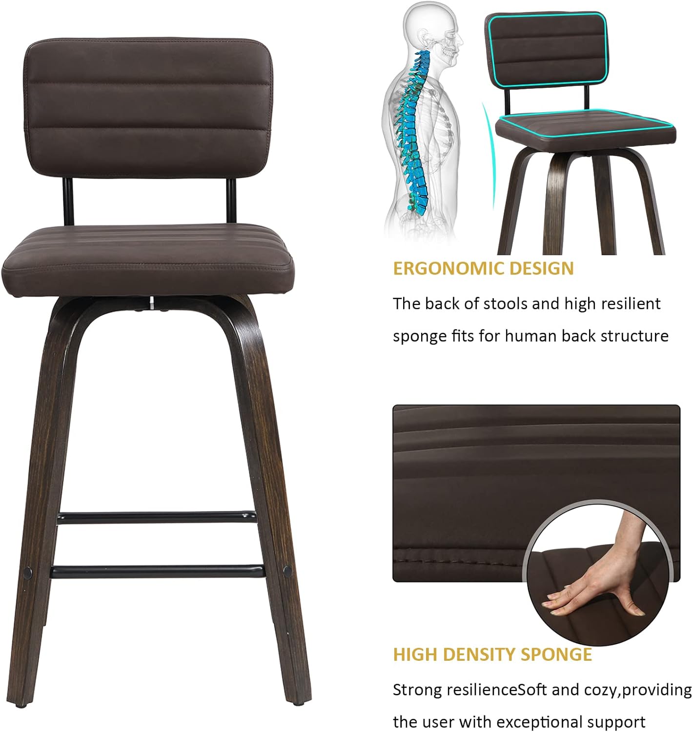 Counter Height Bar Stools Set of 2 Wood Swivel Bar Stools for Kitchen Island Modern Square Barstools with Leather Back Cushion Industrial Vintage Bar Chair Rustic Furniture for Home Pub 24 Inch Brown