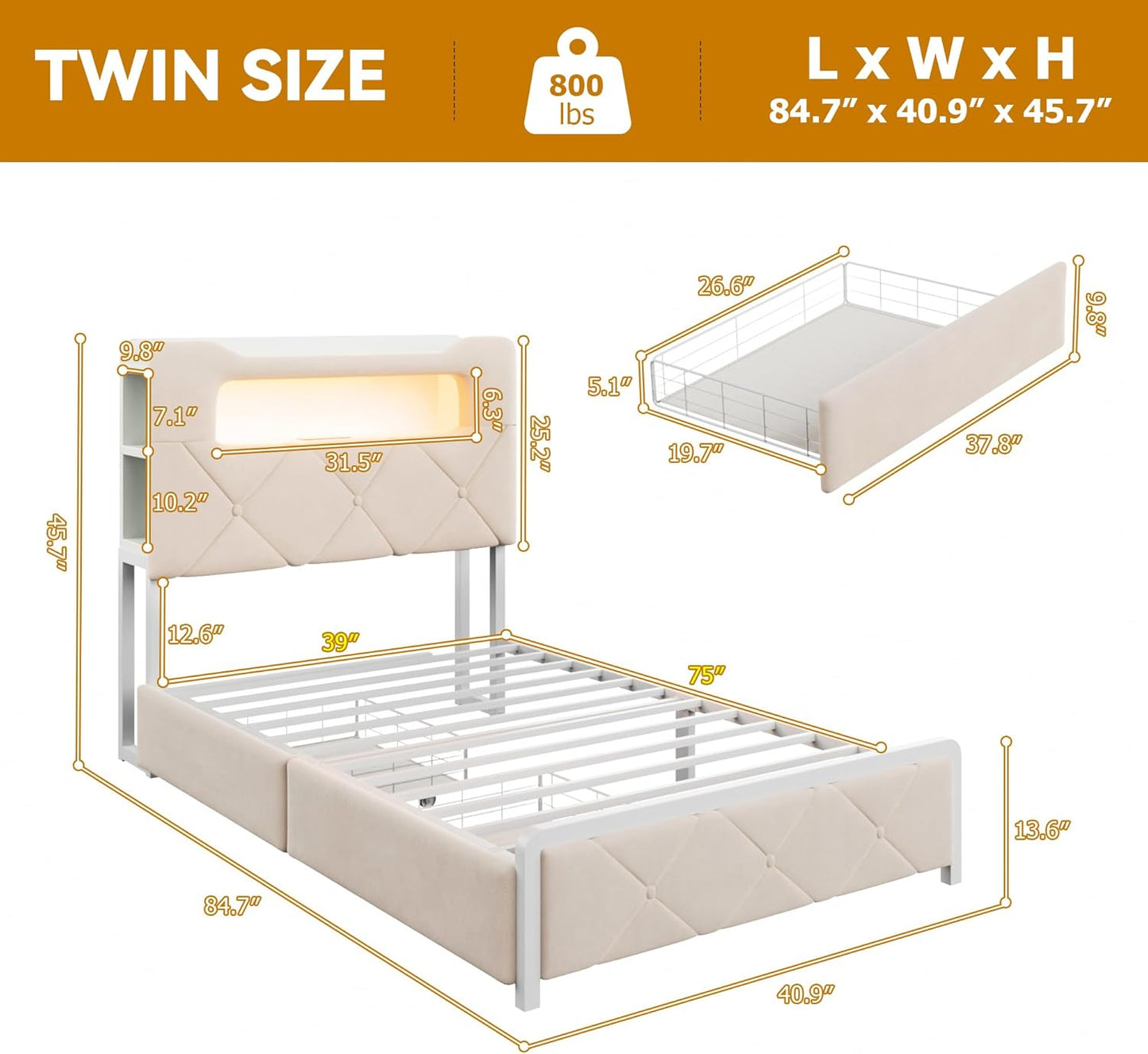 Twin Upholstered LED Bed Frame with 2 Storage Drawers and 2-Tier Storage Bookcase Headboard, Velvet Princess Platform Bed for Kids/Girls/Boys, Heavy Duty Metal Support, No Box Spring Needed, Beige