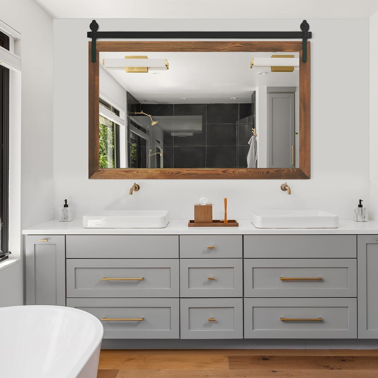 YOSHOOT Farmhouse Barn Door Wall Mirror, 40"x26" Rustic Wood Framed - Vintage Style for Bathroom, Living Room or Entryway, Brown, Horizontal Hanging ONLY