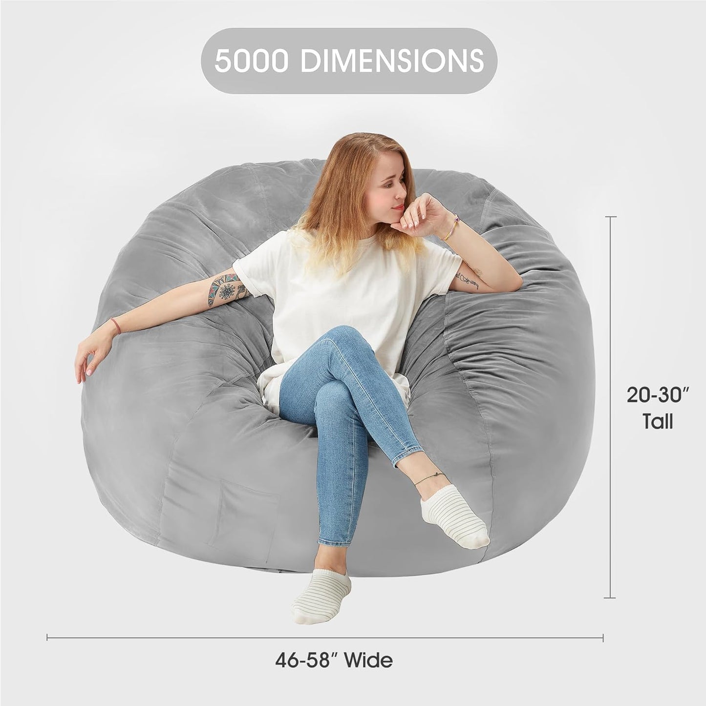 HABUTWAY Bean Bag Chair: Giant 5' Memory Foam Furniture Bean Bag Chairs for Adults with Microfiber Cover 5Ft (Light Grey)