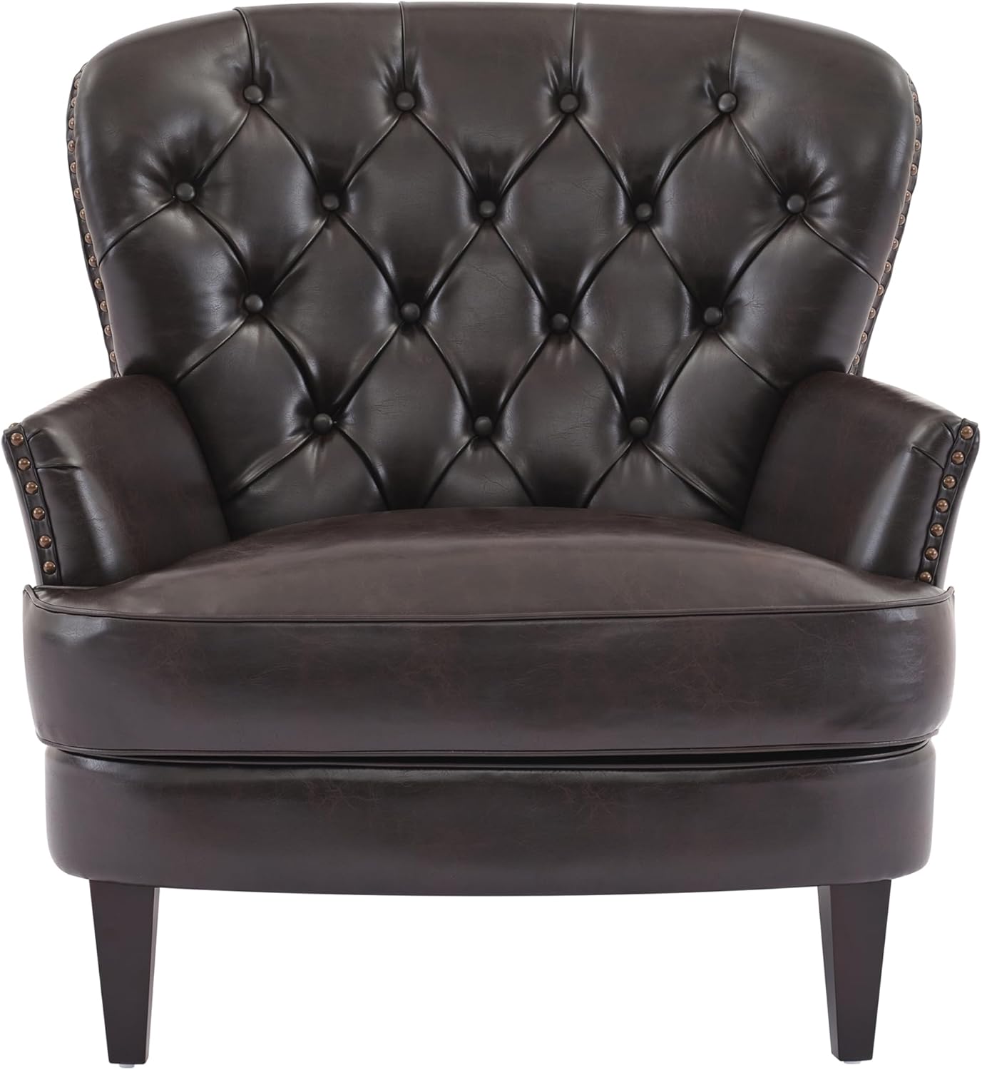 Ball & Cast Accent Chair,Mid-Century Lounge Living Room Chairs with Button Tufting,Upholstered Reading Accent Chair W/Solid Wood Legs and Curved Backrest,for Bedroom,Apartment,Dark Brown