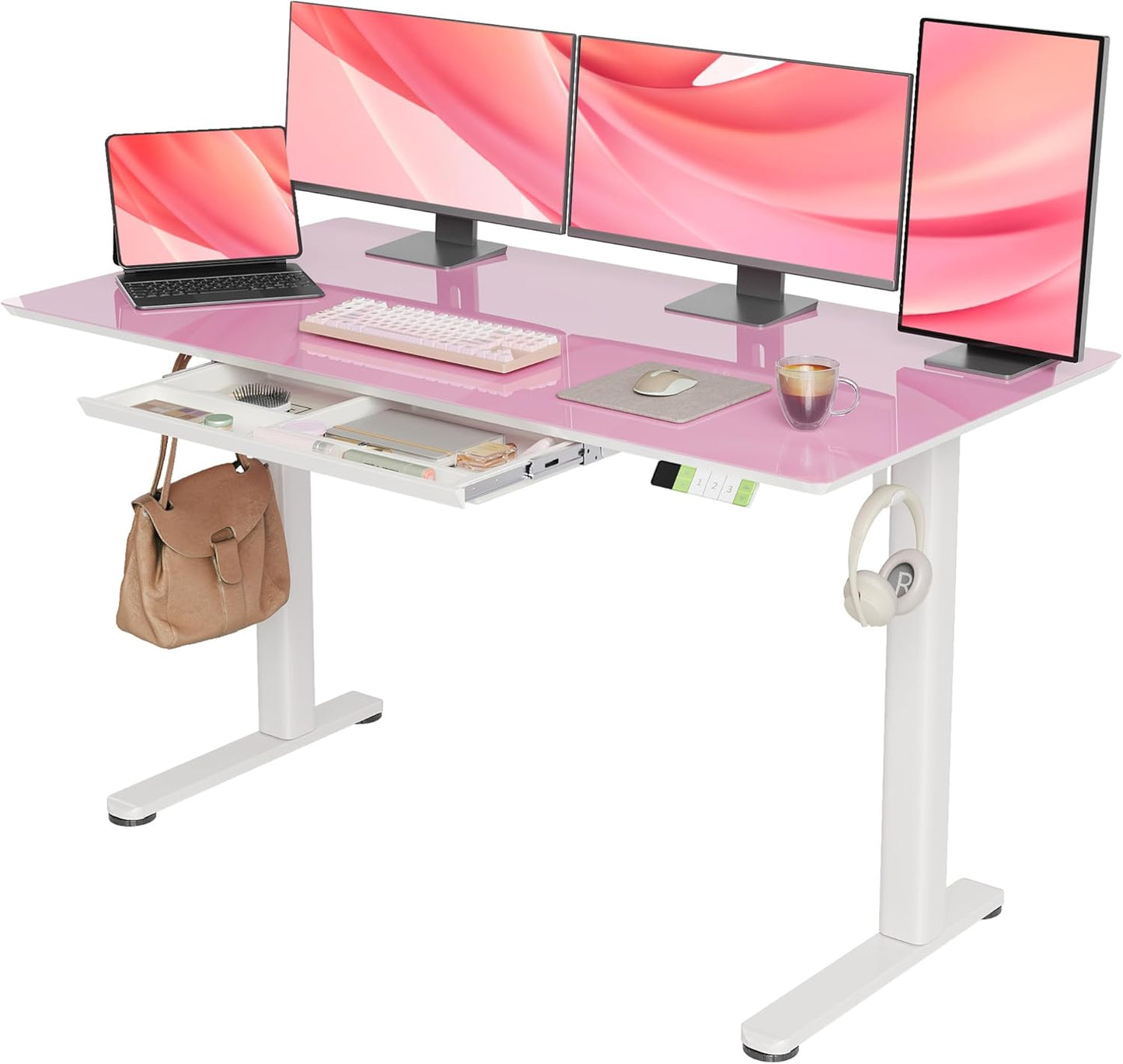 INNOVAR Glass Standing Desk with Drawers, Adjustable Height Stand Up Desk, Electric Standing Desks with Storage, 55 inch, Morandi Powder