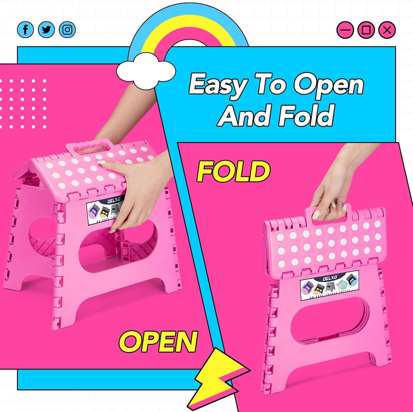 Delxo Folding Step Stool,11 Inch Non-Slip Foldable Step Stools,Portable Lightweight Small Folding Stool with Handle for Kitchen Bathroom in Pink,1 Pack