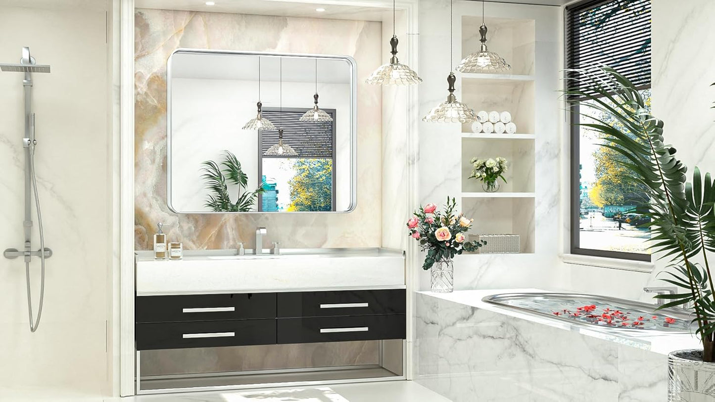 TokeShimi 42x36 Inch Brushed Silver Bathroom Mirror for Wall Brushed Brass Metal Rounded Corner Rectangle Mirror Metal Frame Deep Set Design Hangs Horizontal Or Vertical