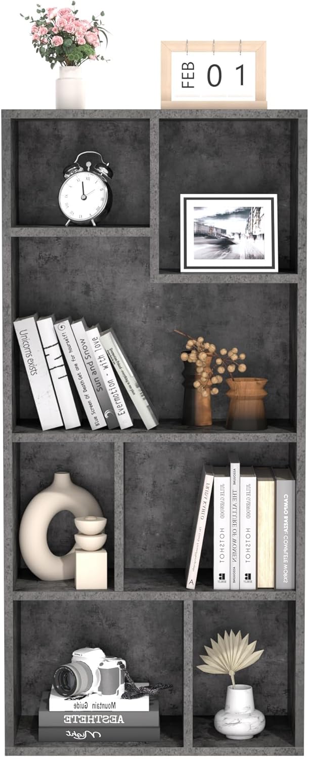 VECELO 42" Contemporary Bookshelf, 7 Cube Organizer Bookcase,Fits Tallest Hardcovers, Horizontal Available,Floor Standing Display,Easy Assembly, Modern Gray
