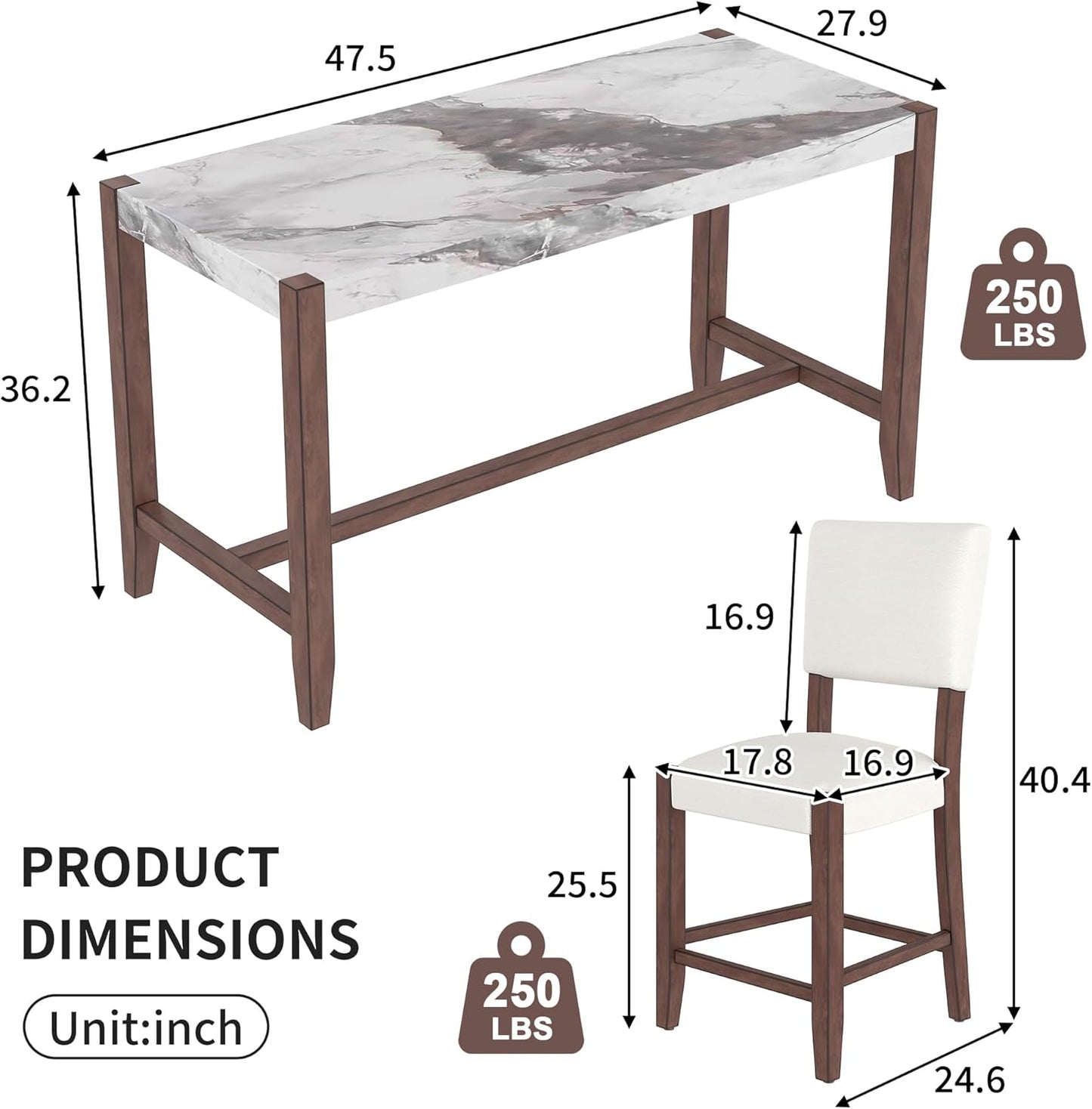 Ball & Cast 5-Piece Dining Table Set for 4,Kitchen Table Set W/Faux Marble Bar Table,Counter Height Living Room Furniture W/ 4 Upholstered Chairs,for Dining Room,Pub Kitchen,Small Place,Beige+White