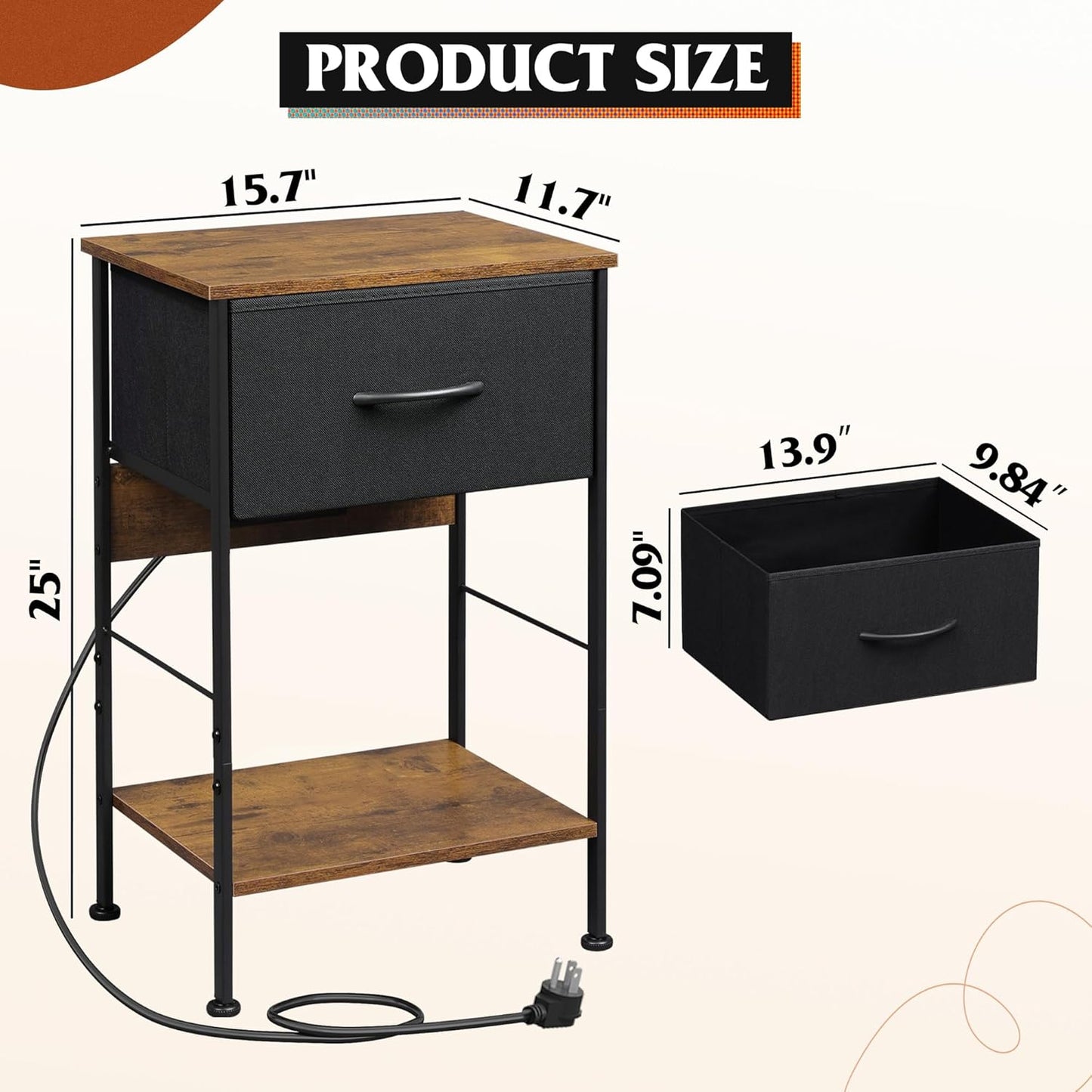 WLIVE Nightstand with Charging Station, Night Stand with 1 Fabric Drawer and Open Shelf, 25" H Bed Side Table for Bedroom, End Table, Small Dresser for Dorm, Entryway, Black and Rustic Brown