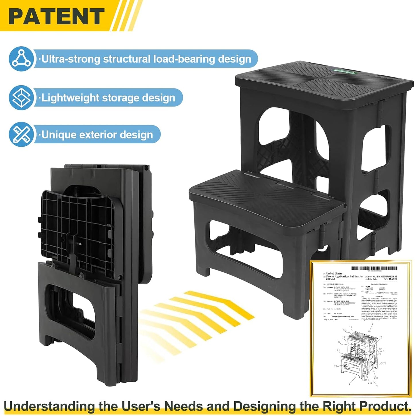 Folding 2-Step Stool for Adults Kids Non-Slip Collapsible Portable Step Stool for Kitchen Home Toilet Bedroom Office Bathroom Rv,Holds 300 Lbs(Black)