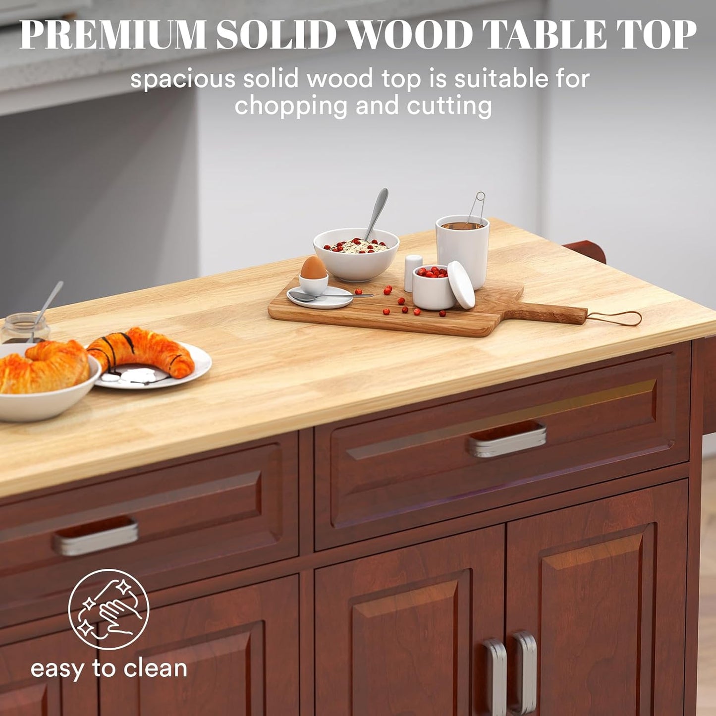 Rovibek Kitchen Island On Wheels Rolling Islands with Storage & Drawers Cabinet Spice Rack Towel Rack, Brown