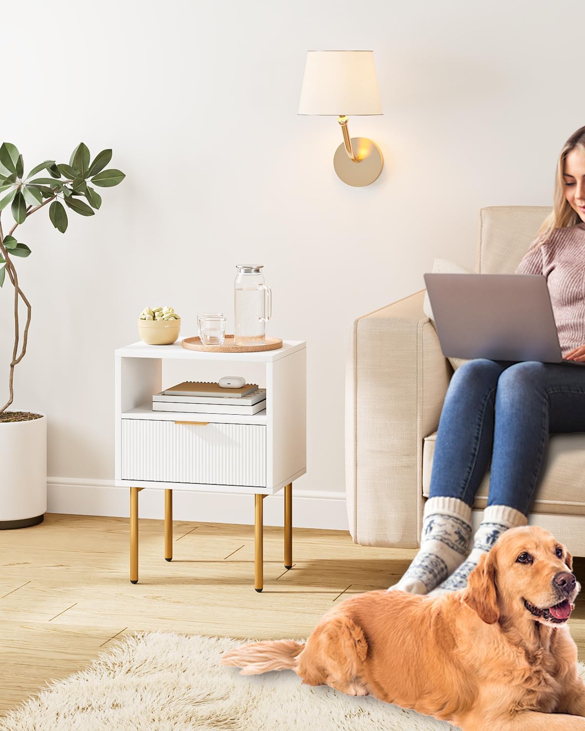 Nightstand,Morden Bedside Table with Gold Frame,Small White Night Stand,End Table,Bedside Furniture,Side Table with Drawer and Shelf for Bedroom,Living Room (1Drawer, White)