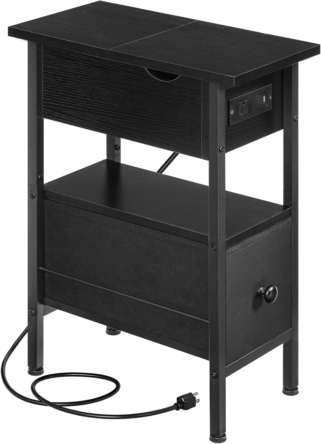 HOOBRO End Table with Charging Station, Flip Top Narrow Side Table with Storage Drawer, Slim Nightstand Bedside Tables with Shelves, for Small Space, Living Room, Bedroom, Black BK343UBZ01G1