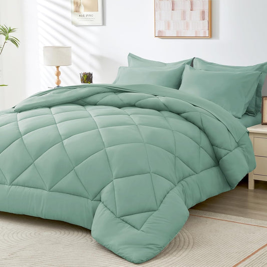 HEVUMYI Sage Green Twin Comforter Set - 5-Piece All Season Bed in a Bag Twin, Ultra Soft Bedding Set with Comforter, Flat Sheet, Fitted Sheet, Pillowcases, Pillow Shams, Sage Green