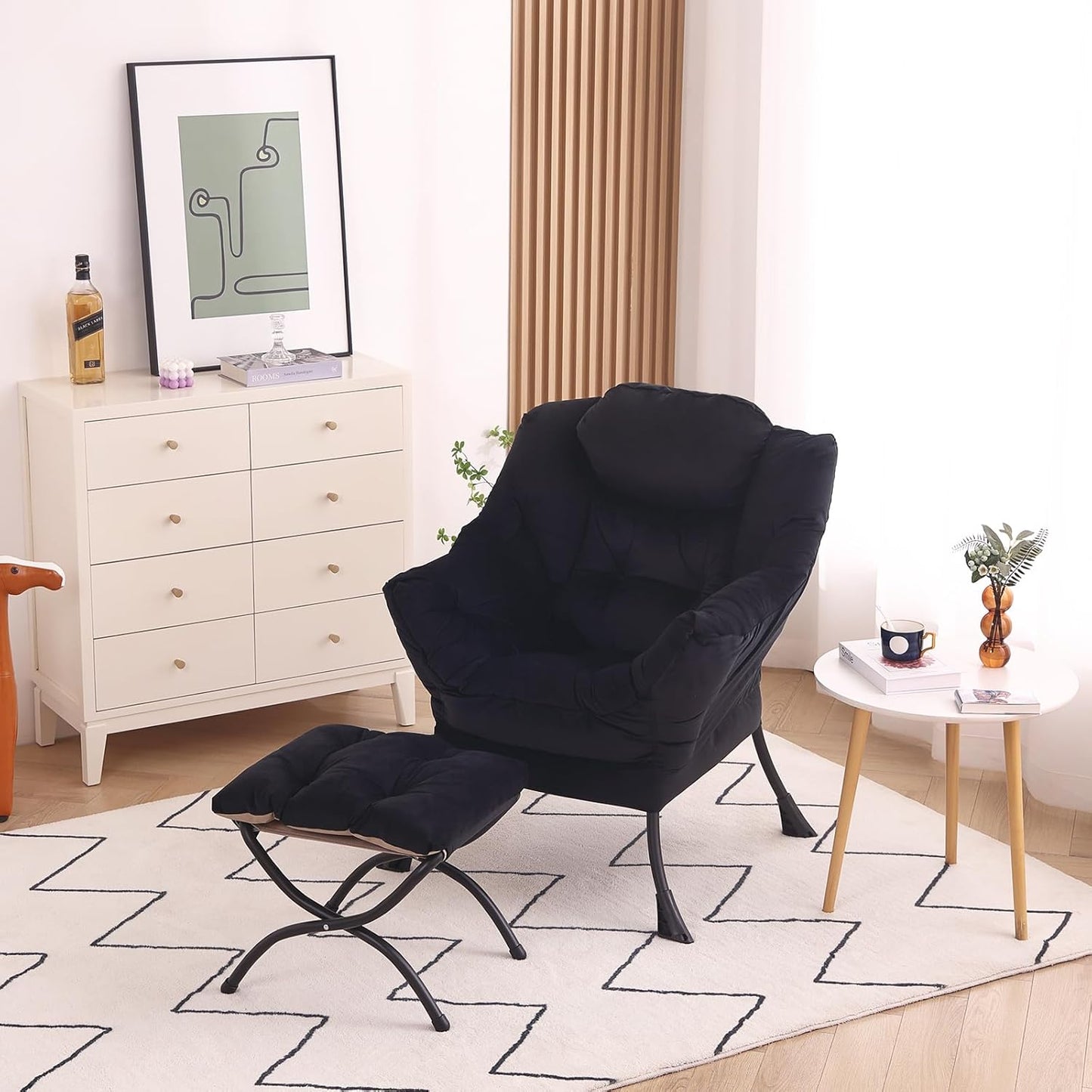 Lazy Chair with Ottoman, Modern Accent Chair Contemporary Lounge Leisure Sofa Chair with Armrests, Reading Chair and Folding Footstool Set for Living Room, Bedroom, Office, Velvet Black