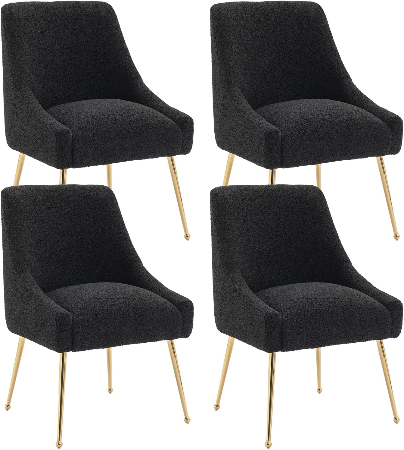 Dining Chairs Medieval Modern Restaurant Chairs, Soft Cushions, Teddy Velvet, Polished Gold Metal Legs, Kitchen Chairs, Living Room Black 4-Piece Set