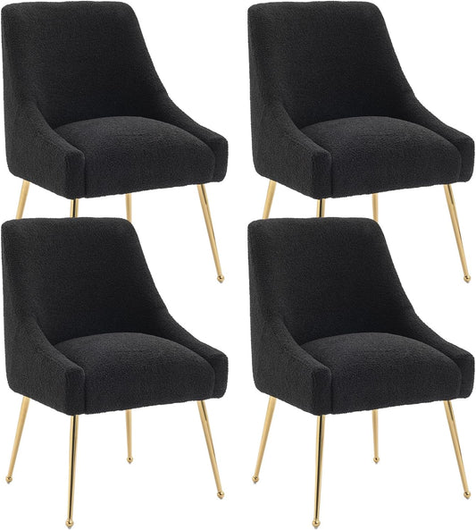 Dining Chairs Medieval Modern Restaurant Chairs, Soft Cushions, Teddy Velvet, Polished Gold Metal Legs, Kitchen Chairs, Living Room Black 4-Piece Set