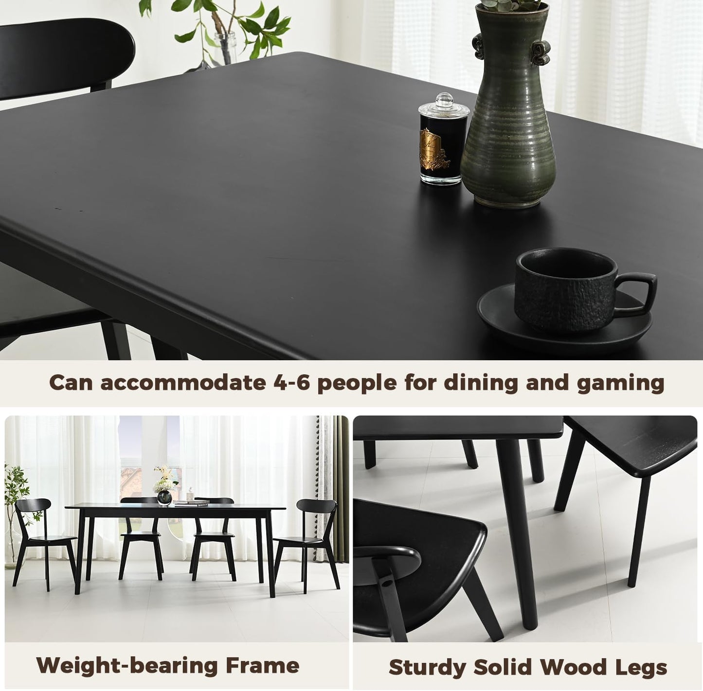 DELAVIN 47.2" Rectangle Solid Wood Dining Table, Modern Kitchen Table, Oak Dining Room Table, Easy Assembly, Black