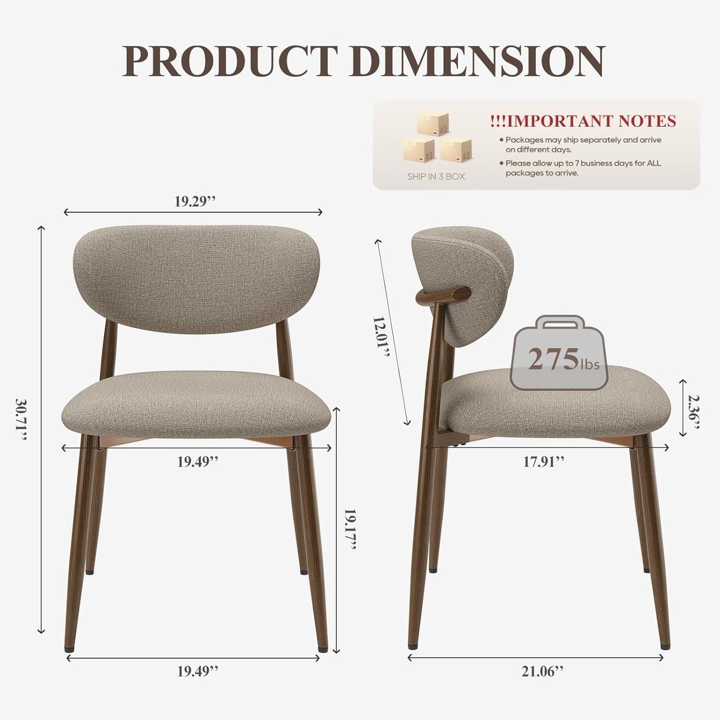 Dining Chairs Set of 6, Ergonomic Fabric Upholstered Seating with Wood Look Metal Legs and Anti Slip Pads, for Home and Restaurant Use, Camel