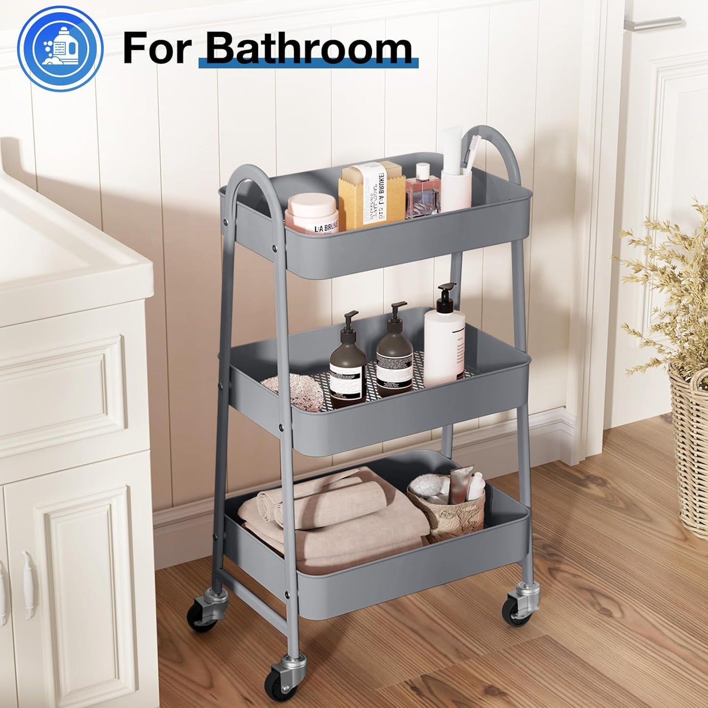 OLIXIS 3 Tier Utility Rolling Cart, Metal Mobile Storage Shelf with Lockable Caster Wheels, Organization for Livingroom, Bathroom, Kitchen, & Narrow Places, Gray