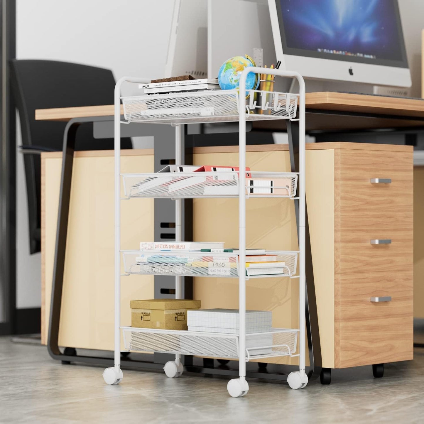 OVICAR 4 Tier Mesh Wire Rolling Cart, Kitchen Storage Organizer Utility Cart, Full Metal Basket Storage Art Trolley Carts with Wheels & 4 Side Hooks