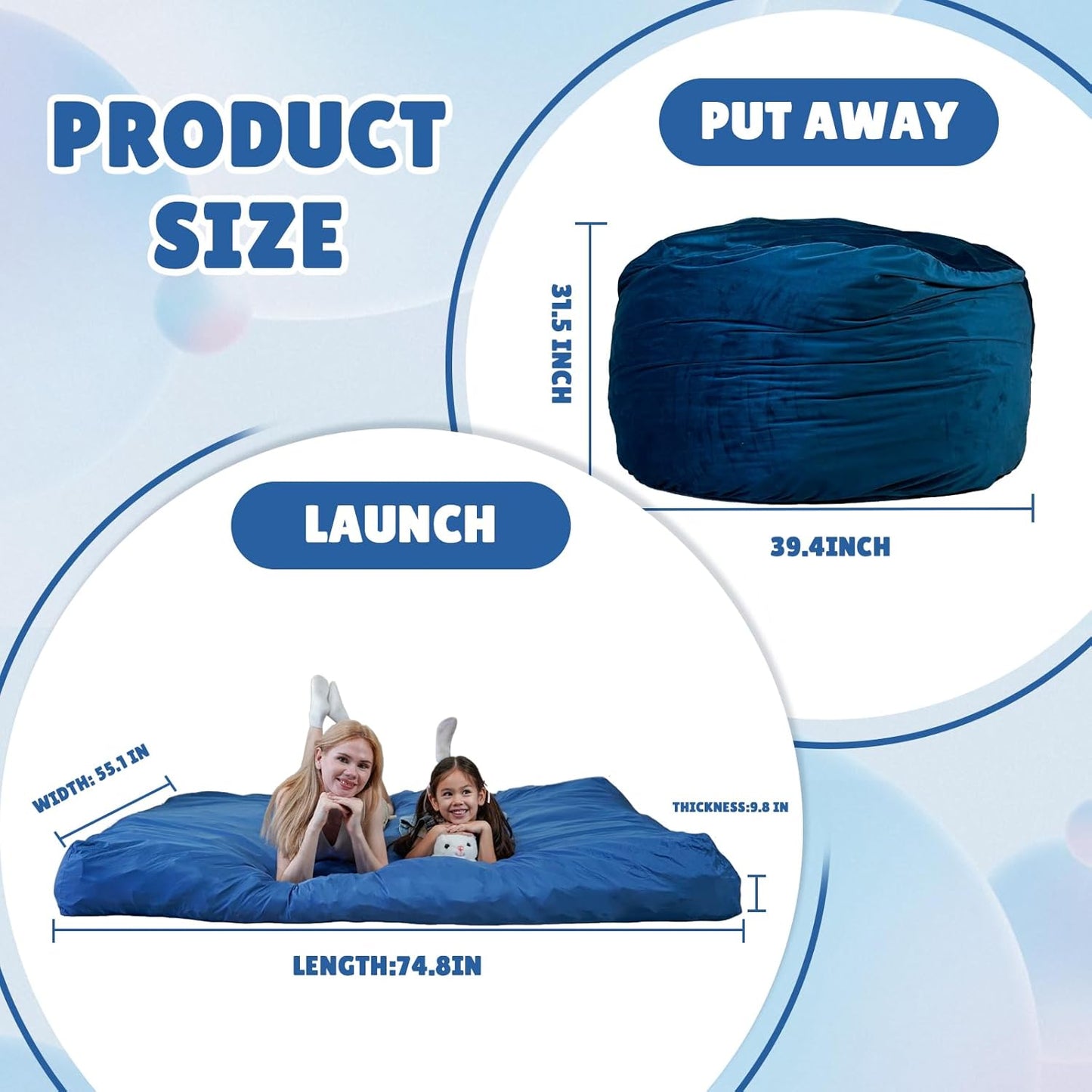 Bmag Giant Bean Bag Chair for Adults, 6FT Bean Bag Chair Convertible Bean Bag Pad, Lazy Sofa Chairs with Memory Foam Filler, Removable Washable Cover for Living Room Bedroom Office - Blue