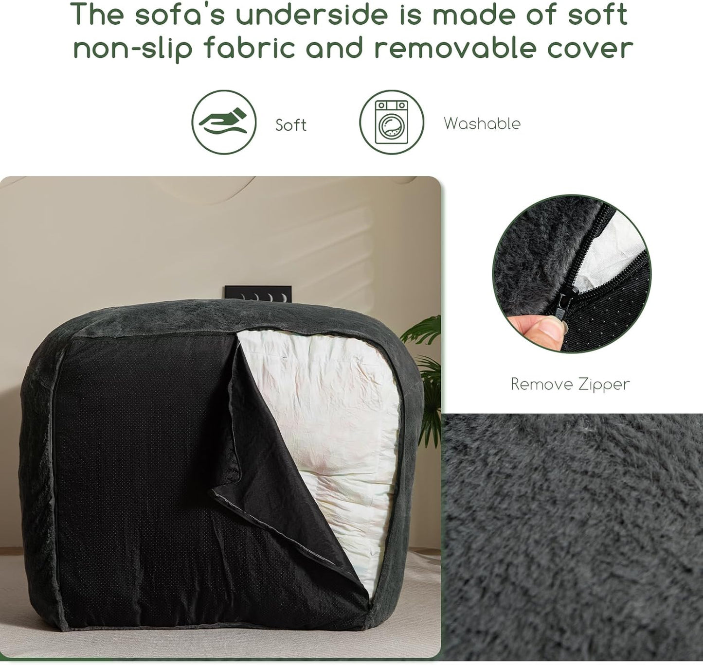 HIGOGOGO Giant Bean Bag Chair for Adults, Big Comfy Sofa Chair for Bedroom Living Room, Bean Bag Lazy Chair for Adults with Armrests for Gaming, Reading, Fur Dark Grey