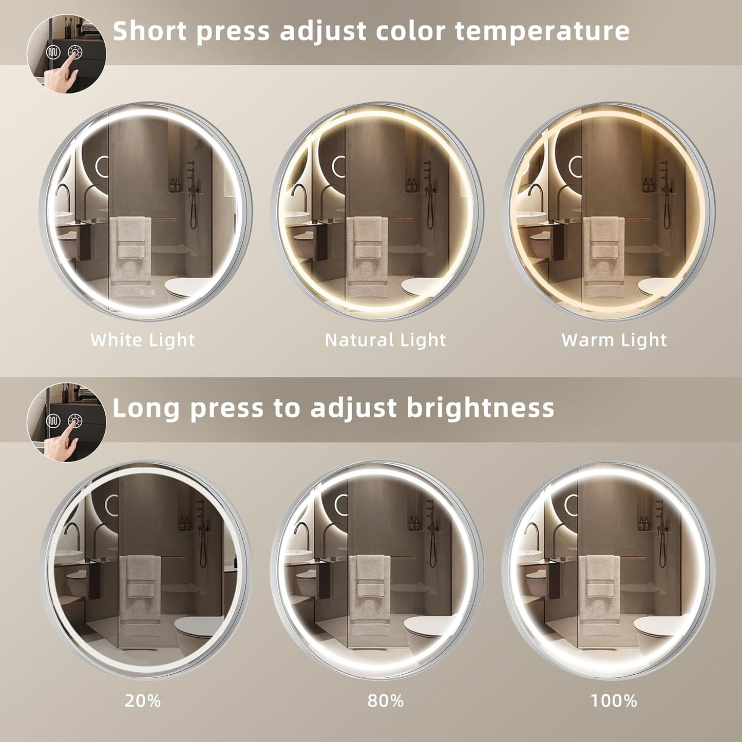 Hasipu 24 Round LED Mirror for Bathroom with Lights, Silver Circular Vanity Mirror for Wall, Metal Framed Frontlit Bathroom Mirrors Anti-Fog, Dimmable, 3 Colors Makeup Mirror Wall Mounted