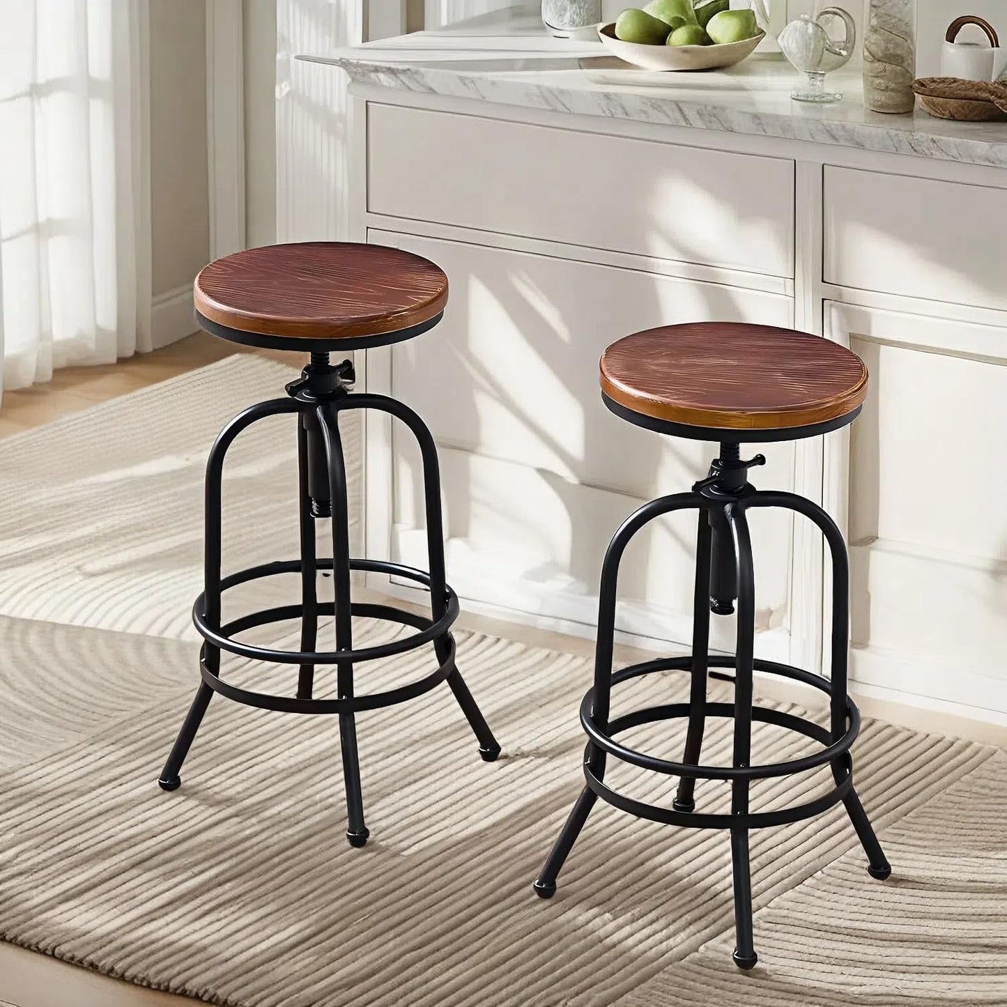 Diwhy Industrial Bar Stool-26-32 Inch Adjustable Swivel Metal Wood Seat Stool Bar Height Bar Stool with Footrest-for Kitchen, Dining Side Chair, Pub, Bistro, Set of 2, Black